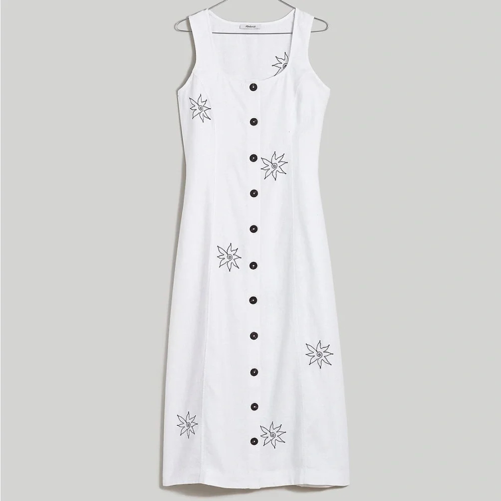 Madewell Button Front Midi Dress in 100% Linen Eyelet White